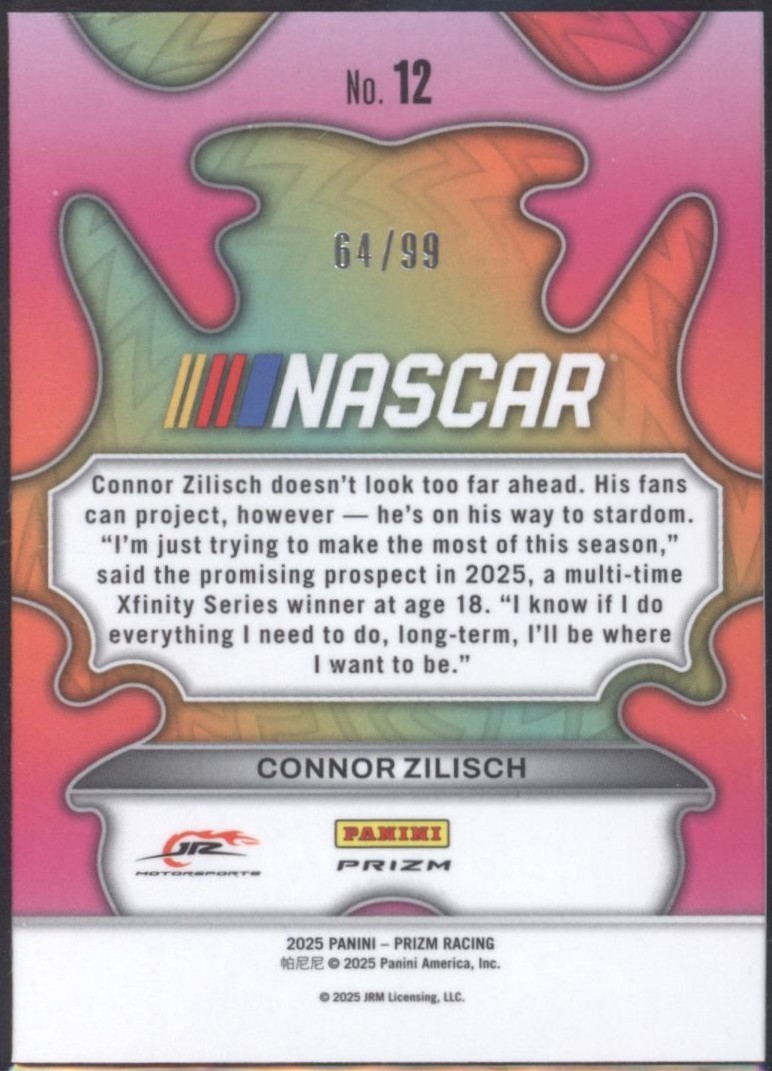 2025 Panini Prizm NASCAR | Connor Zilisch #12 Rookie | Groovy SP Red Prizm /99