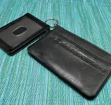 Black Leather Small Wallet Coin Purse ID Viewer Card Slots Zip Key Ring w Insert