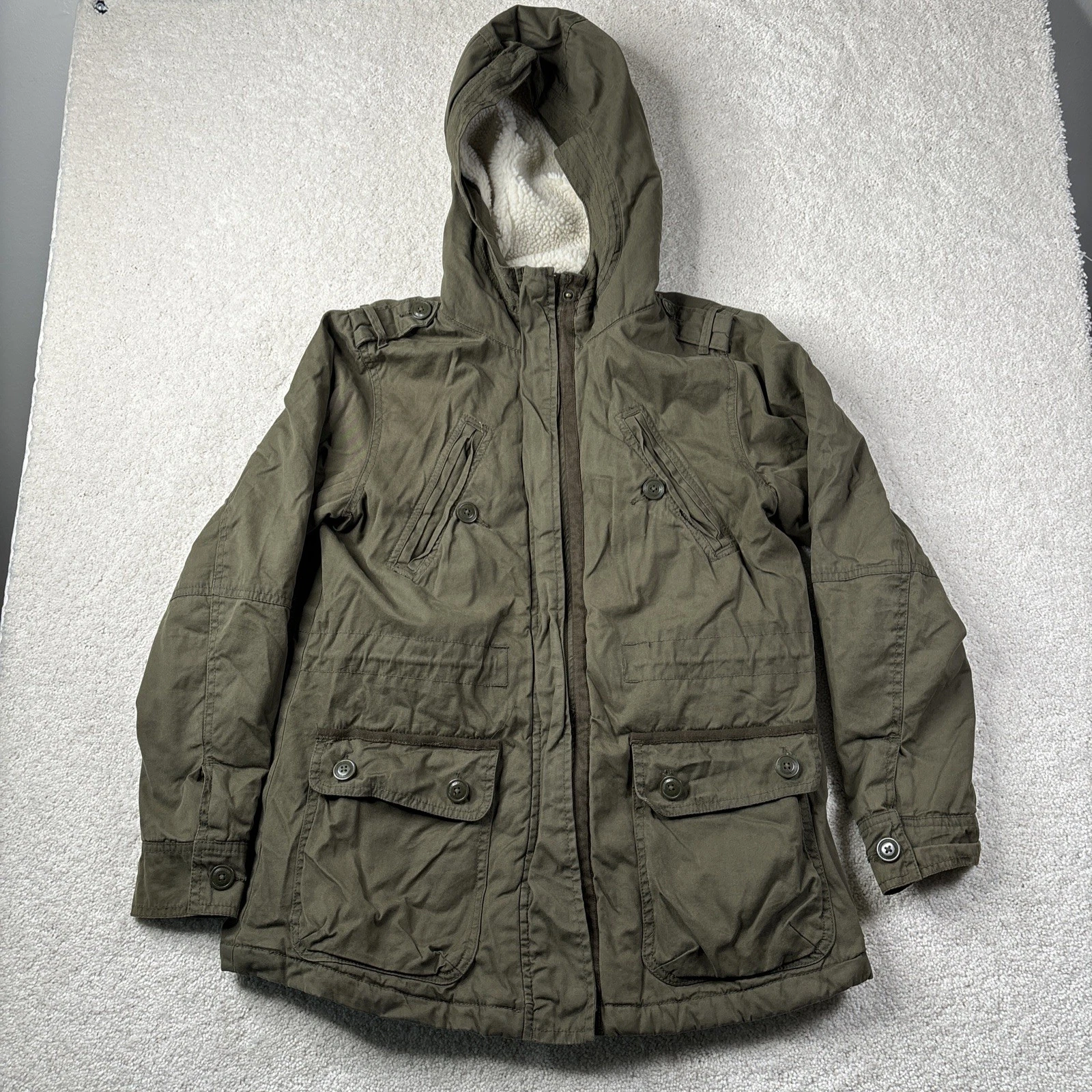 American Eagle Military Jacket Men's Small Green Sherpa Lined Hood Utility Y2K
