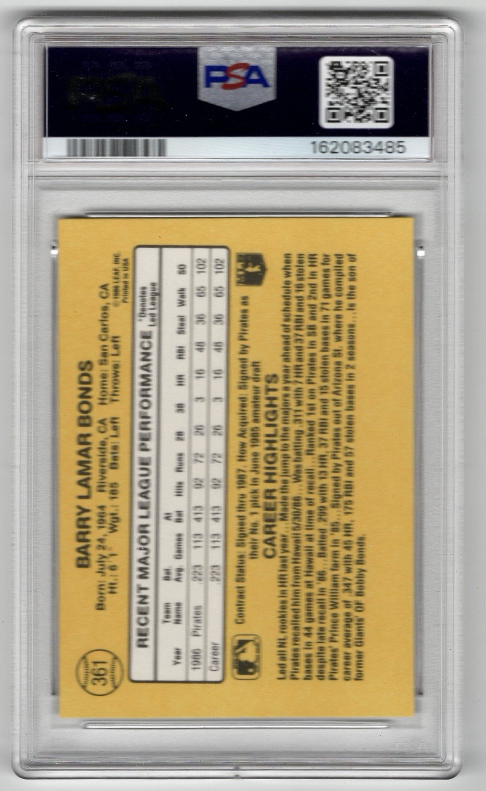 1987 Donruss Barry Bonds Rookie Card PSA 9 Mint Beautifully Centered view 2