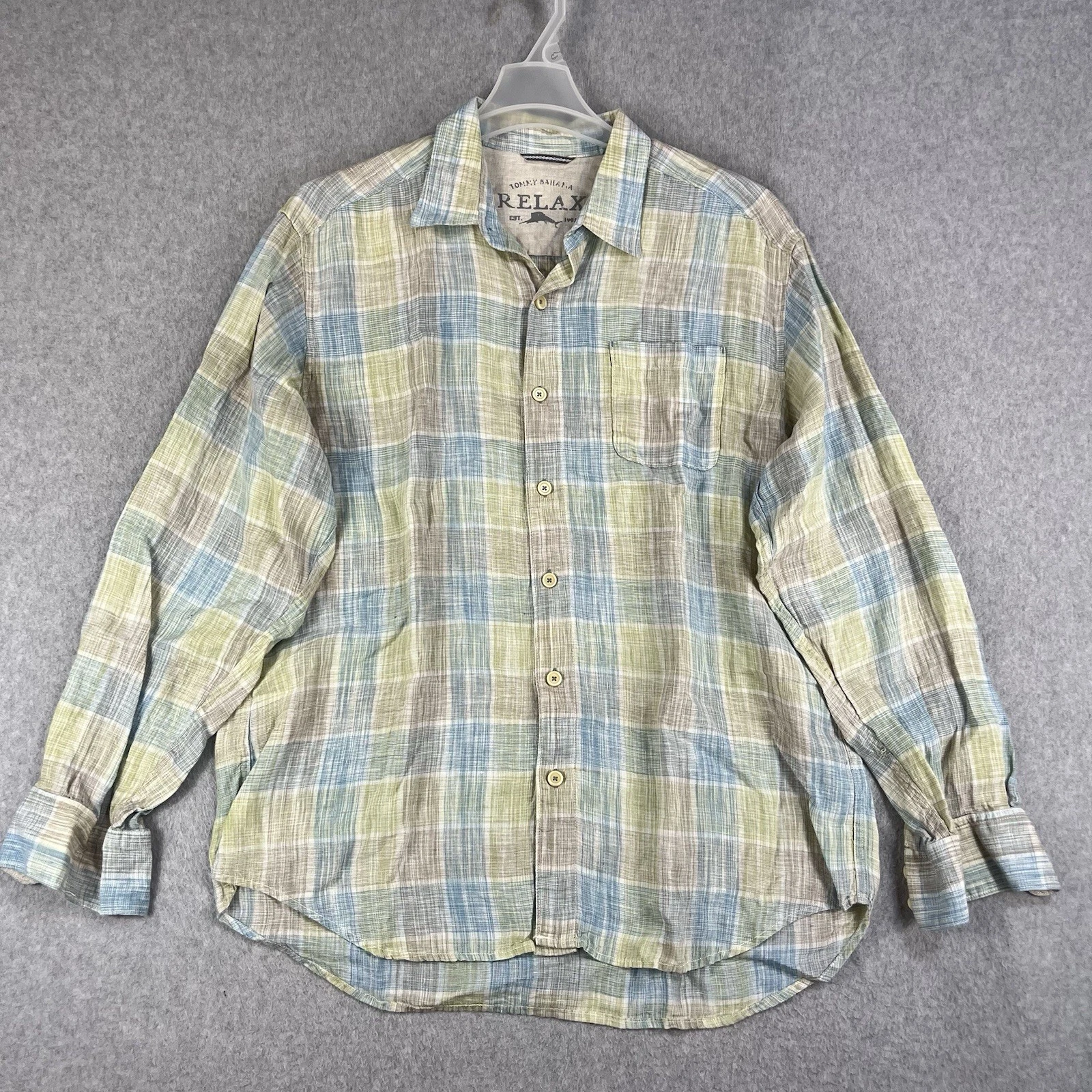 Tommy Bahama Linen Relax Shirt Mens Large Check Long Sleeve Beach Surf Miami