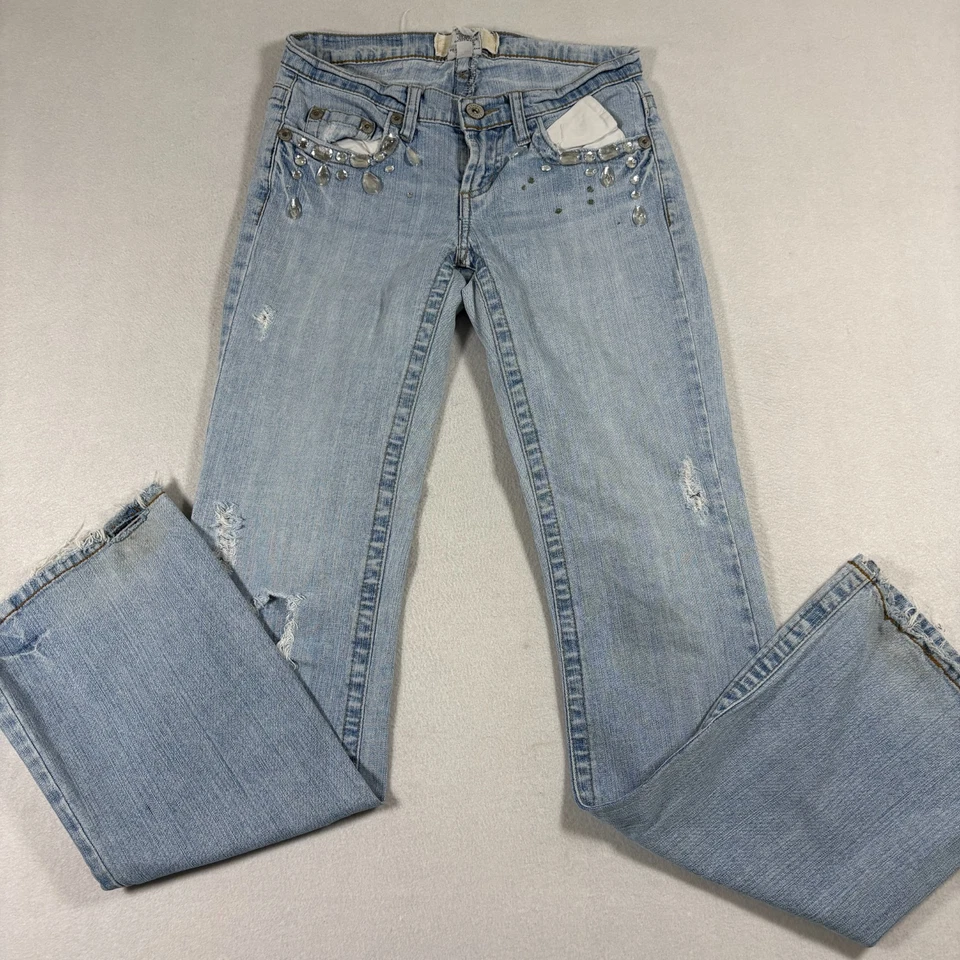 Z Cavaricci 女式牛仔裤 1 码浅水洗破损喇叭牛仔 Y2K 水钻 — 第 3/4 张图片