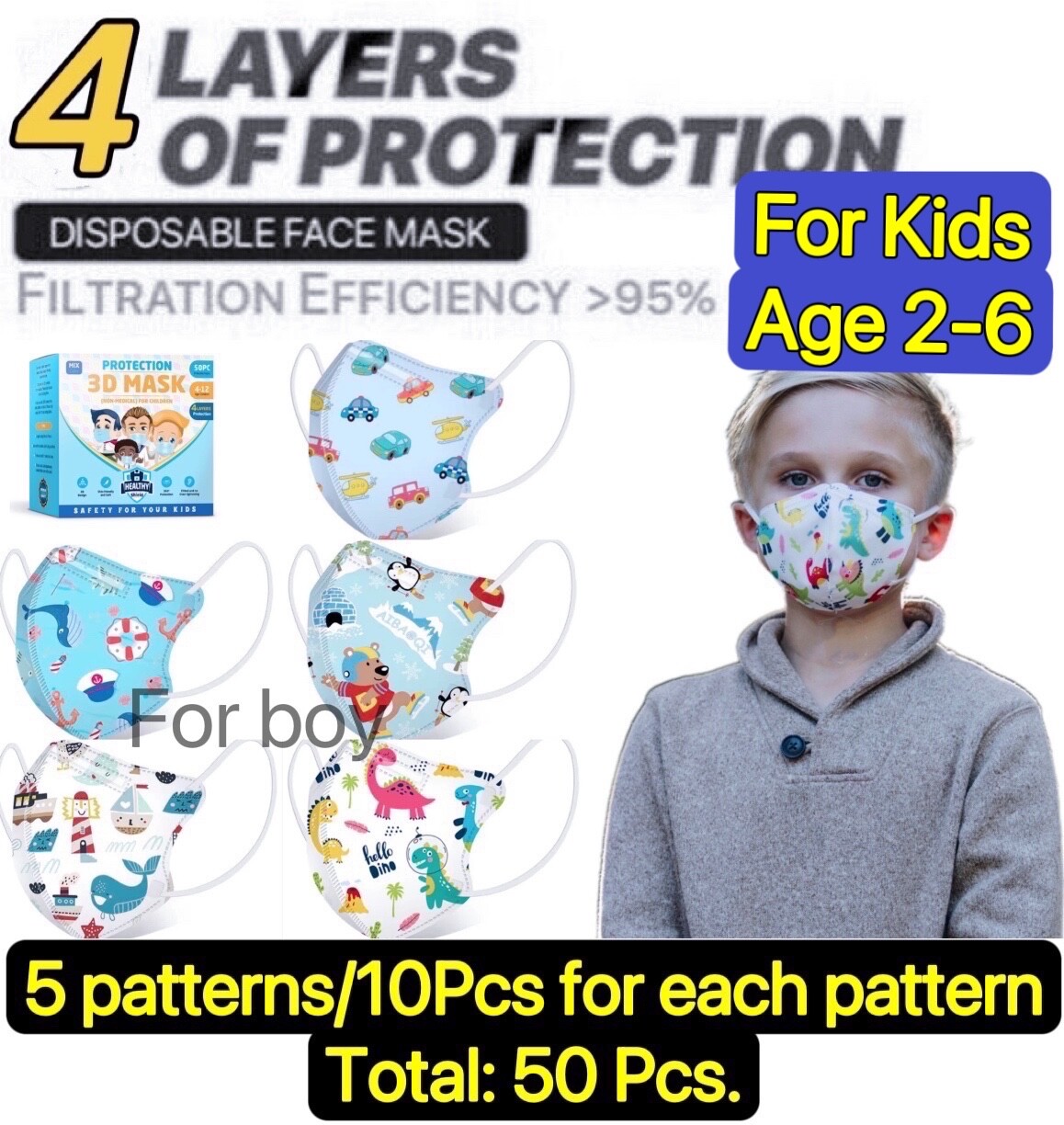 Máscara facial desechable de 4 capas protectora 95 % BFE de dibujos animados para niños niñas 50 piezas
