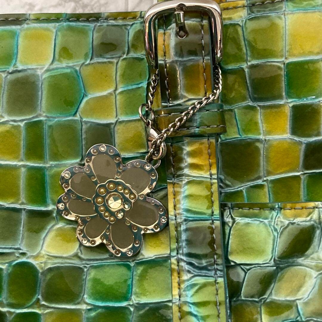 COCCO FIORE Tote Bag Green Embossed Leather Charm Included gently 