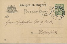 BAYERN "BAYREUTH 1." (Ofr.) K1 5 Pf GA-Postkarte 1895 nach "WEISSENSTADT" K1
