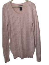 Polo Jeans Co Women's L Pink Cotton Blend Cable Knit Pull Over V Neck Sweater