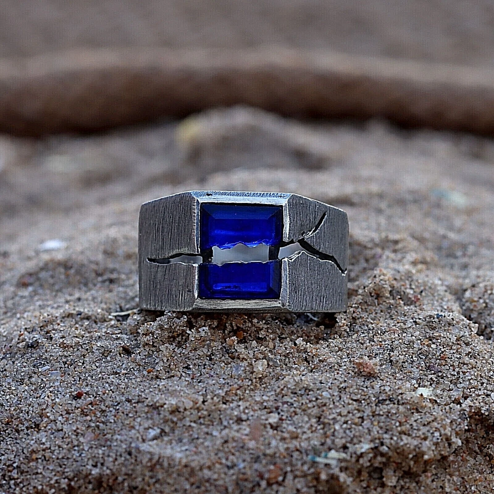 BLUE SAPPHIRE CREACK MENS RING 925 SILVER RING MENS HAMMERED RINGGIFT FOR HIM