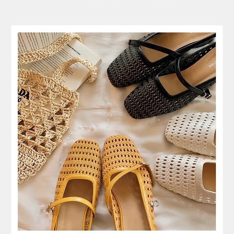 PANTOFOLA D’ORO Sandali in pelle di pecora retrò intrecciata testa quadrata cava tacco spesso scarpe mulo ciabatte