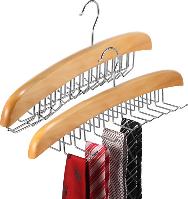 2 Pieces Tie Rack Tie Hanger 24 Hooks Wooden Tie Rack Hanger for Closet 360 Degr