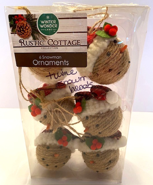 Rustic Cottage Collection 6 Jute Twine Snowman Heads w/Plaid Hats Ornaments
