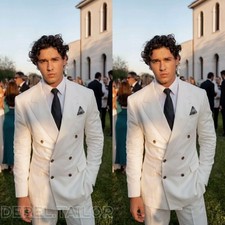 Men Ivory Suit Peak Lapel Double Breasted Slim Fit Groom Wedding Prom Tuxedo