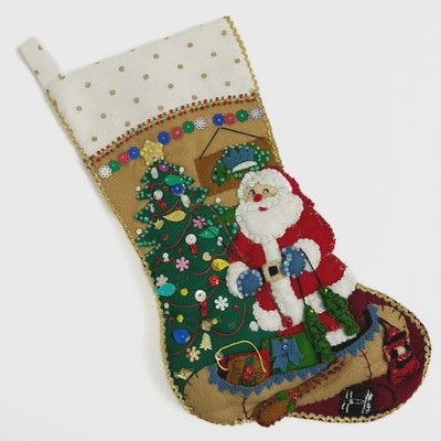 Finished Bucilla Stocking Lodge Santa 17  Fishing Canoe Tree Camping 1980s