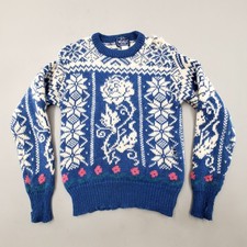 VINTAGE 90s Woolrich Sweater Woman Wool Floral Fairisle Snowflake Grandma Blue