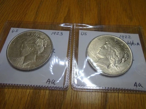 Choice AU 1922 and 1923 Peace US Silver Dollars - 90% Silver -