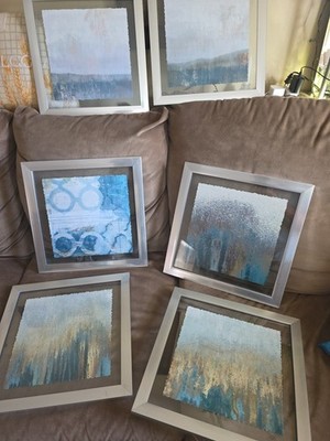 Abstract Contemporary Set of 6 Framed Turquoise Printed Painting