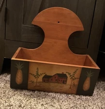 Hand painted Wood Wall Box w/ Whale Tail Style Top Pineapples And Saltbox House