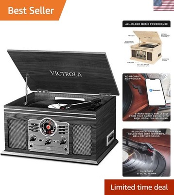 Quincy 6-in-1 Bluetooth Record Player & Multimedia Center - Grey Wood Elegance