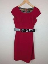 Tahari Arthur S. Levine Dress Womens 4 Red Belted Sheath Cap Sleeve Lined Work