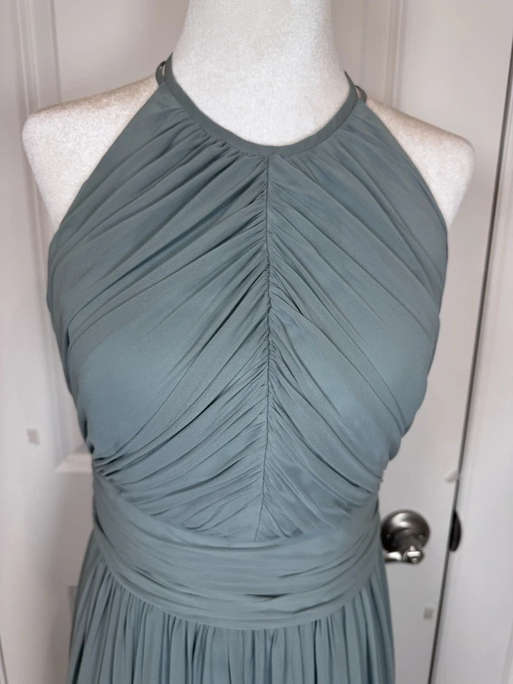 Maxi Vestido Halter de Gasa Colección Dessy Dama de honor Azul Baile de graduación 8 Vestido Formal Foto 2 de 4