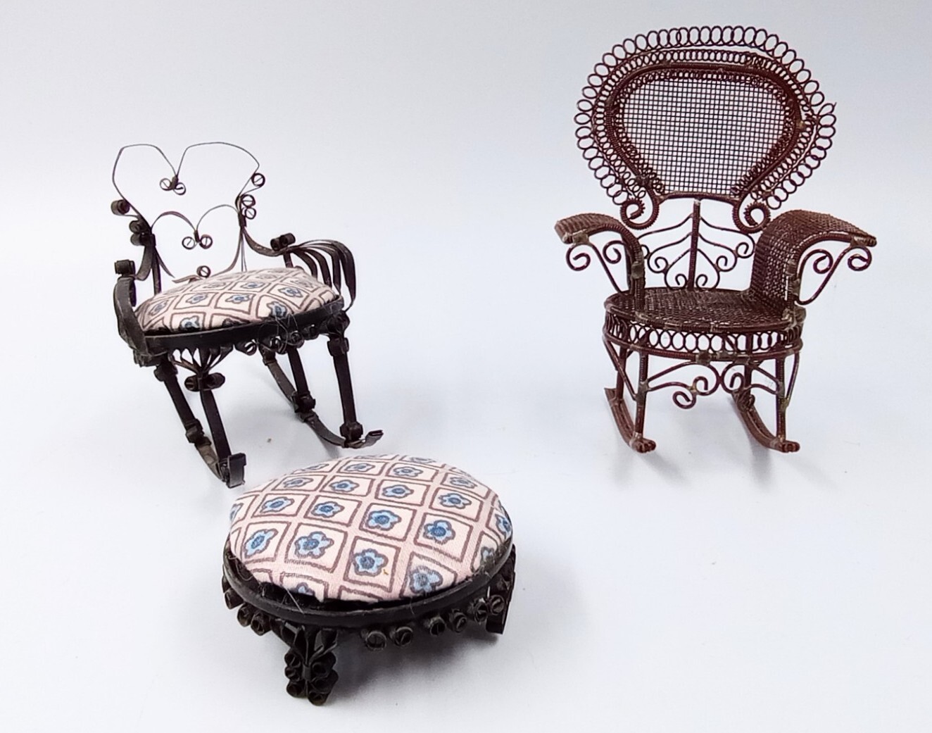 Vtg Doll House Rocking Chairs Tin Can Tramp Art & Wire Victorian