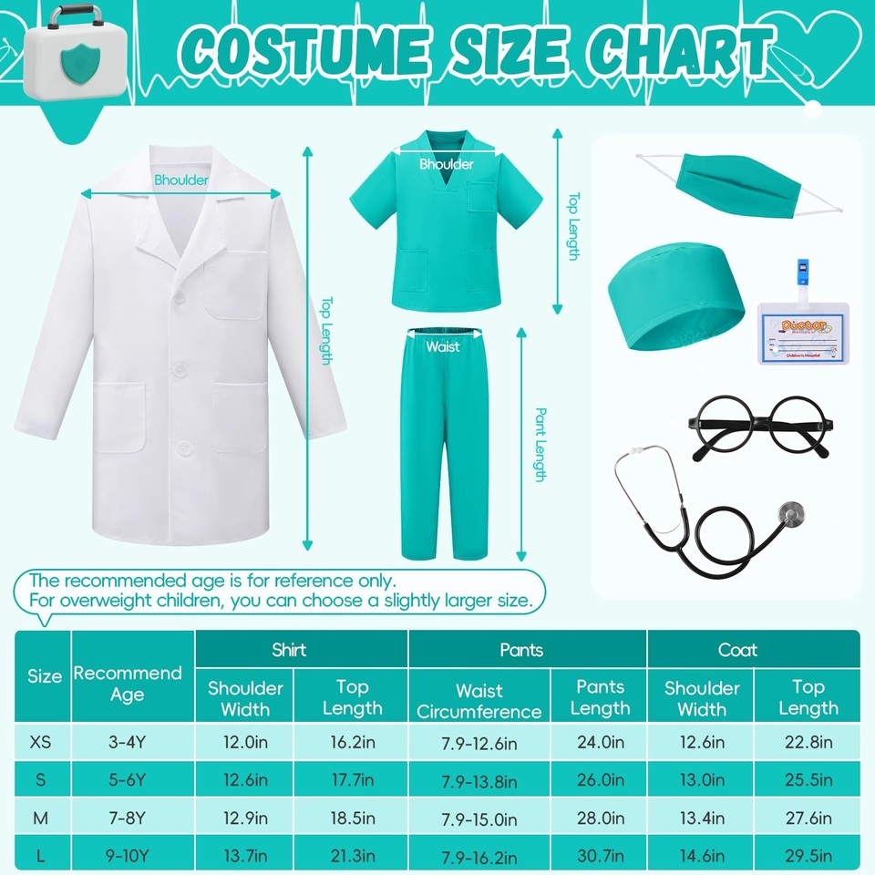 Doctor Costume for Kids 8pcs Kids Scrubs with Lab Coat Dress Up Set Hallowe... eBay