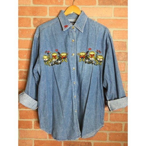 Vintage Women's Denim Button Up Shirt Top Embroidered Frogs Coastal