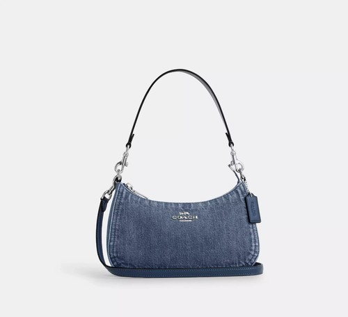 ❤️ COACH Teri Denim Shoulder Bag CAK35 Silver / Indigo 2way Crossbody Bag JP New - Picture 2 of 7