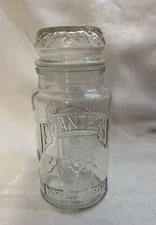 Planters Embossed 75th Anniversary Jar Clear Glass 1981 Mr Peanut Lid Logo 9”