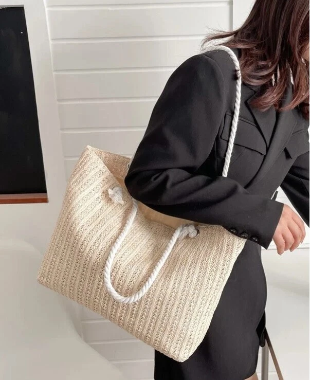 Womens Beige Minimalist Simple Large Capacity Straw Beach Bag Summer Holiday - Image 2 of 4