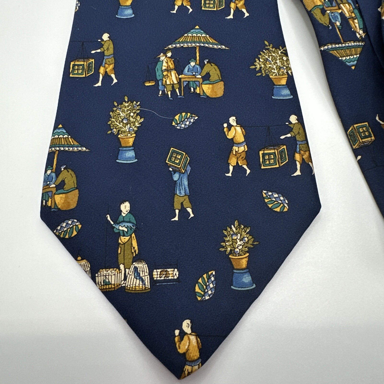 Salvatore Ferragamo Men's 100% Silk Blue Tie Men Birdcages Plants Umbrellas