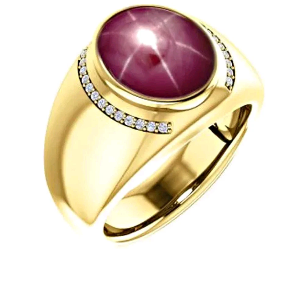 Anillo de oro amarillo sólido de 14 k con piedras preciosas de rubí estrella natural de 4,0 quilates para hombre #4389 Foto 2 de 2