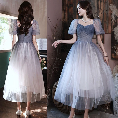 Damen Farbverlauf Netz Kleid Perlen Dekor Puffärmel Abendkleid Prinzessin glänzend - Bild 3 von 13