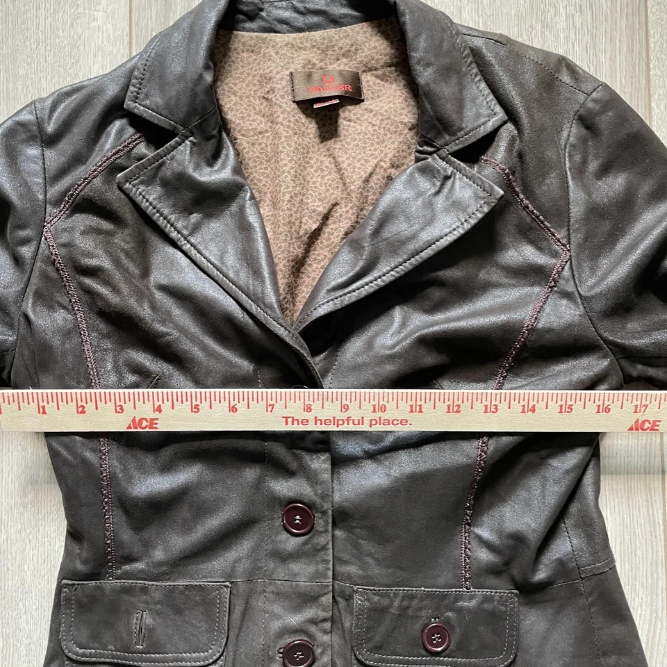 Blazer Danier Chaqueta de Cuero Para Mujer Marrón Talla S-P Botón Bolsillos Frontales Forrado Foto 3 de 4