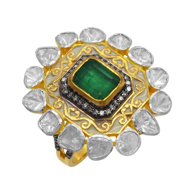 925 Sterling Silver 18k Gold Plated Natural Emerald Diamond Polki Wedding  Ring