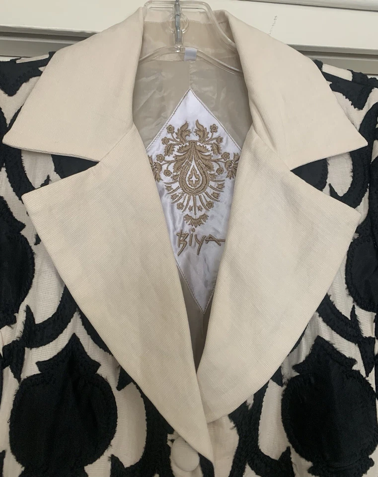 🦋 Abrigo Largo Johnny Was Biya Blanco y Negro Estampado Seda Lino Talla XS NUEVO SIN ETIQUETAS Foto 3 de 4