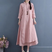 Women's Chinese Style Cotton Linen Stand Collar Buttons Cheongsam Qipao Dress