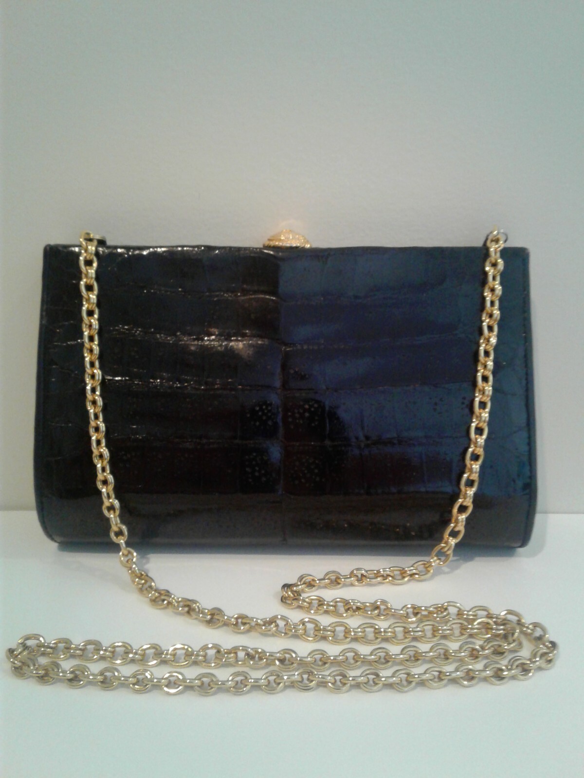 CHANEL BLACK ALLIGATOR RARE VINTAGE EVENING CLUTCH AU… Gem