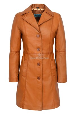 Damen Echt Leder Jacke hellbraun klassisch knielang Lammfell Designer Mantel 3457