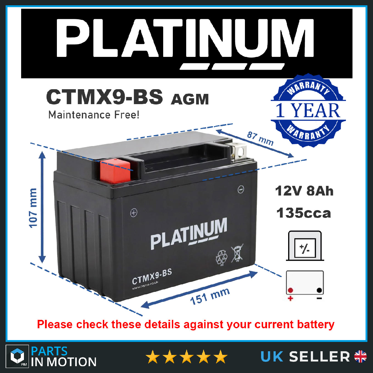 CTMX9BS GS PTX9-BS AGM Motorbike Battery Replaces YTX9BS