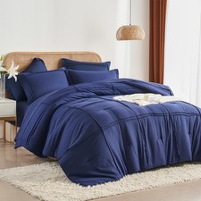 Full Size Comforter Set 7 Piece Bed Bag Grid Pinch Pleat Navy Blue Bedding