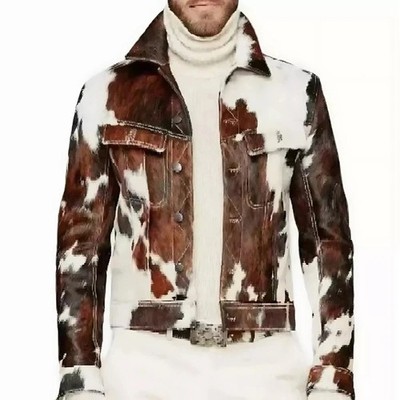 Men's Western Cowhide Leather Jacket Real Hair-On Pony Skin Stylish Trucker Coat