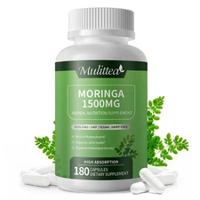Moringa Capsules 1500mg - Pure Moringa Powder for Immune, Gut health 180 Capsule