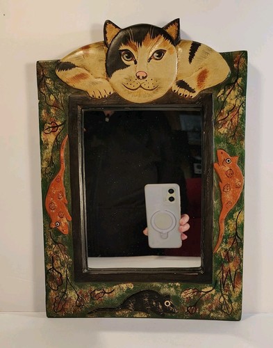 VTG Wooden Folk Art Carved Cat & Mice Framed Mirror Hand Painted 13" Tall x 9"