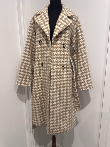 MISS SELFRIDGE Beige Dogtooth Midi Length Double Breasted Coat Sz12 - Picture 5 of 11