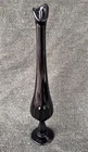 Vintage Fenton Black Amethyst Thumbprint Swung Art Glass Footed Bud Vase 12 1/4"