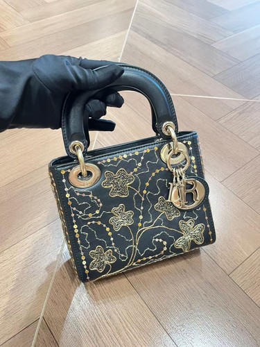 Dior Lady Dior Mini Handbag Crossbody Black Silk Embroidery Floral Gold Hardware