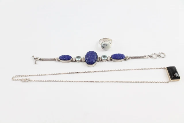 16 Sterling Silver TGGC Gemporia Jewellery Lapis Lazuli TBar Dentritic Agate x 3