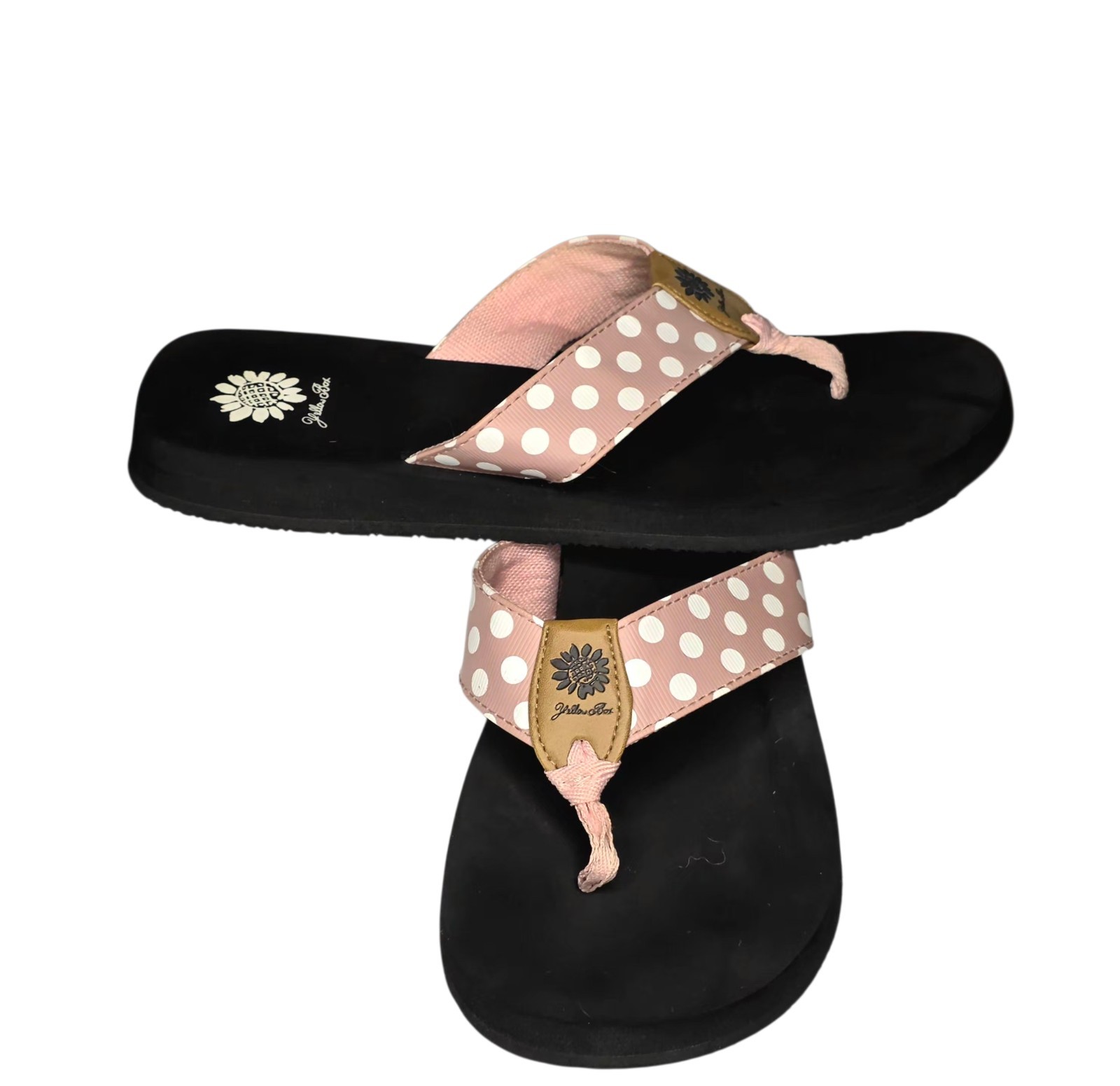 Yellow Box Flip Flops Size 11 Pink Background White Polka Dots. Used Exc No Box