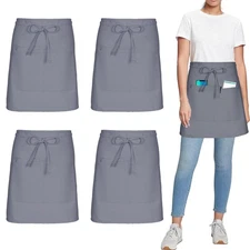 4 Pack Short Server Waitress Chef Apron, Grey Waist Aprons with 3 Pockets for...
