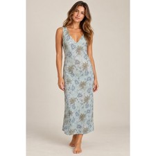 Vintage Blue Stem Floral Chiffon Maxi Dress V Neck Sleeveless Y2K Medium Fairy